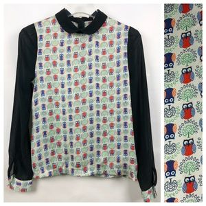 Owl print blouse with peter pan collar